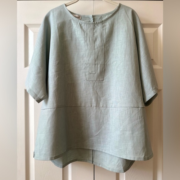 Oversized Linen Tunic Top Blue Green Button-Back Boho One Size - Picture 1 of 6
